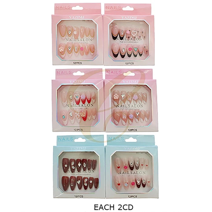 12 Pcs 3D Press-On Nails Set – Almond Fake Nails with Rhinestones, Pearls & Flowers | Reusable Full Cover False Nails (RAN-0301R)