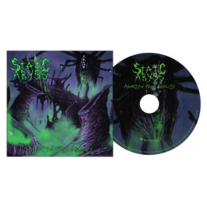 Album cover and CD for Aborted From Reality by Static Abyss, featuring dark, twisted trees and a green monstrous figure looming above in a nightmarish landscape inspired by Morbid Madness.