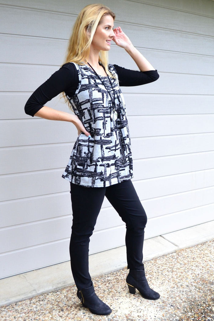 Abstract sleeveless fleece tunic top by Lilia Whispers featuring a cozy, textured fabric and a relaxed fit.
