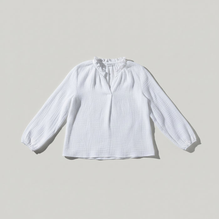 White cotton gauze v-neck women's top with long sleeves and elasticated cuffs flatlay - ANNIE.G