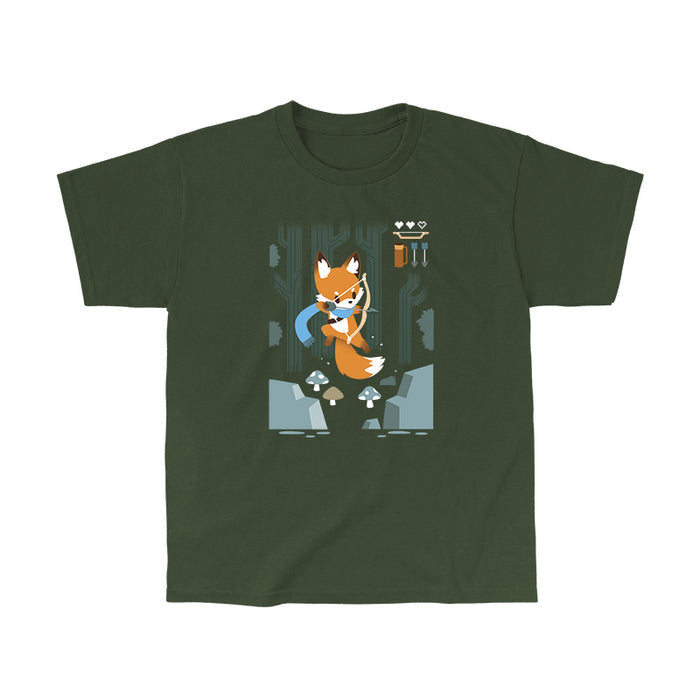Classic Cotton T-shirt_TeeTurtle forest green Archer Class apparel featuring a fox drawing a bow and arrow in a forest, including a gaming style 2/3 health indicator and bow and arrow inventory.
