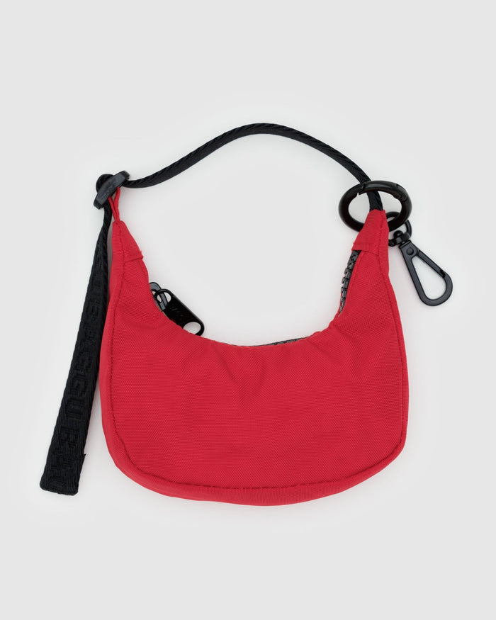 Red crescent shaped bag charm with black adjustable handle, zip and keychain - ANNIE.G