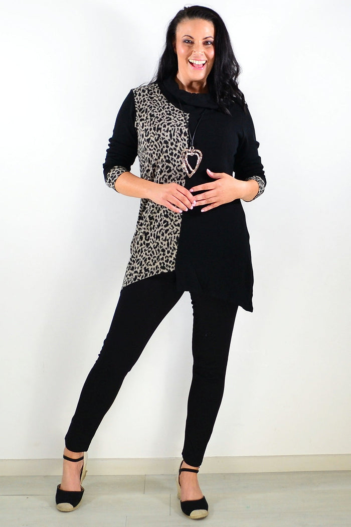 Beige leopard print cuff tunic top by Whispers, shown with long sleeves and relaxed fit, stylish for casual wear