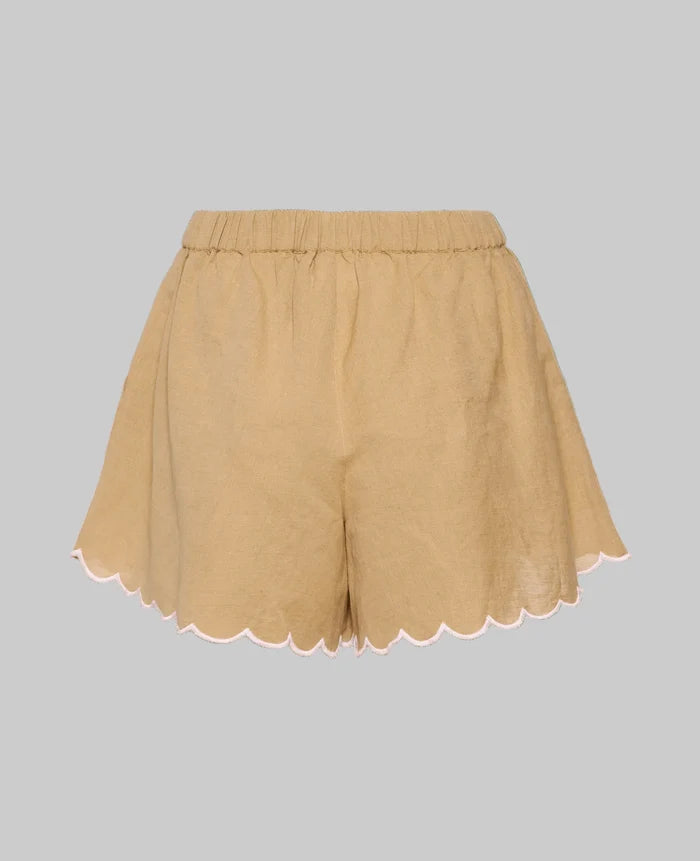 Back of elastic waist shorts in Light Hazel and pink embroidered scallop hem - ANNIE.G