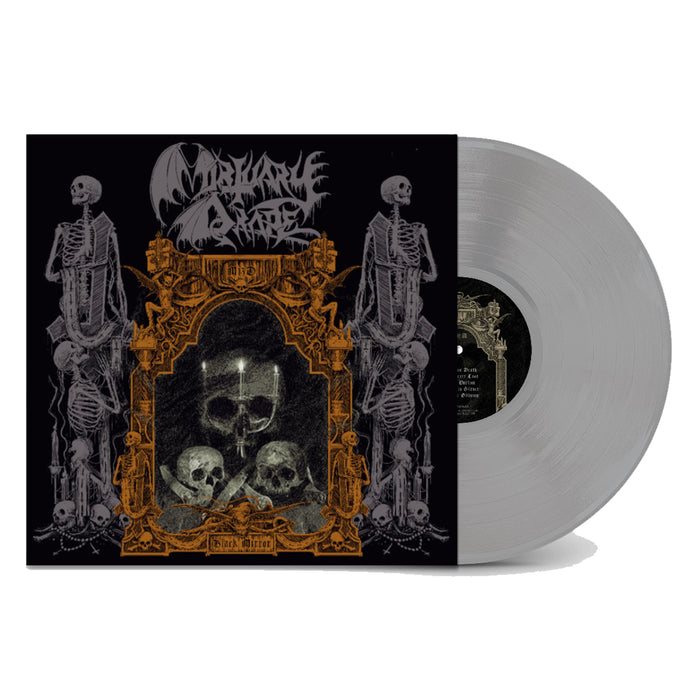 A translucent grey vinyl record slides from an album cover adorned with gothic skeletons, skulls, and ornate gold frames on a dark backdrop—ideal for Mortuary Drape and black occult metal fans. Mortuary Drape’s logo is displayed at the top.