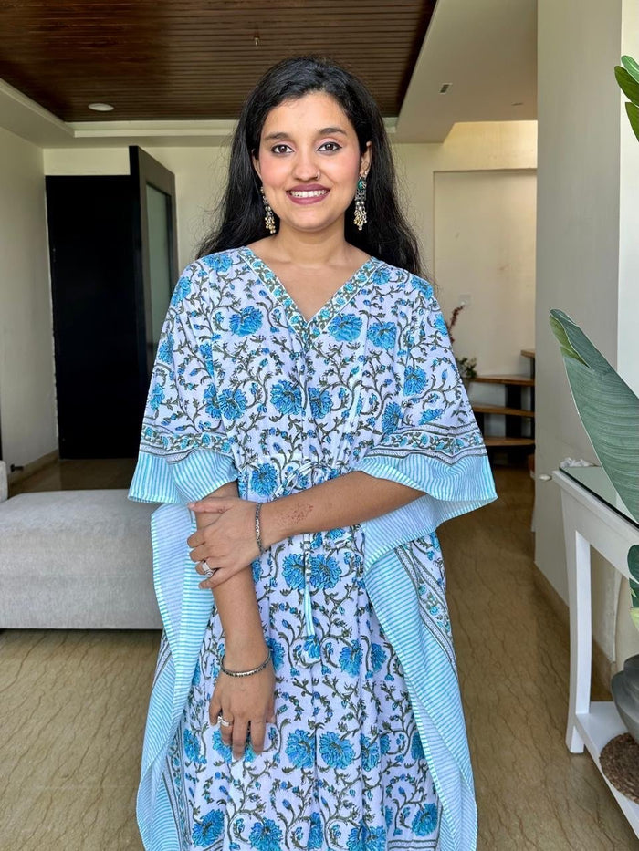 Block Print Cotton Kaftan- Light Blue