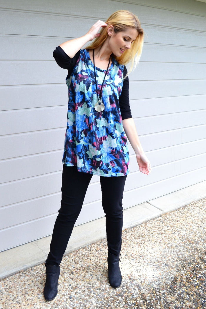 Blue maple leaf sleeveless fleece tunic top by Lilia Whispers, featuring a cozy fleece fabric and a stylish sleeveless design.
