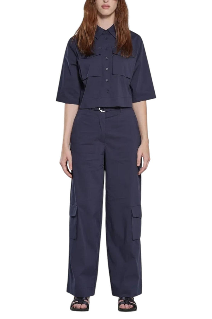 Camicia donna blu con tasche a toppa