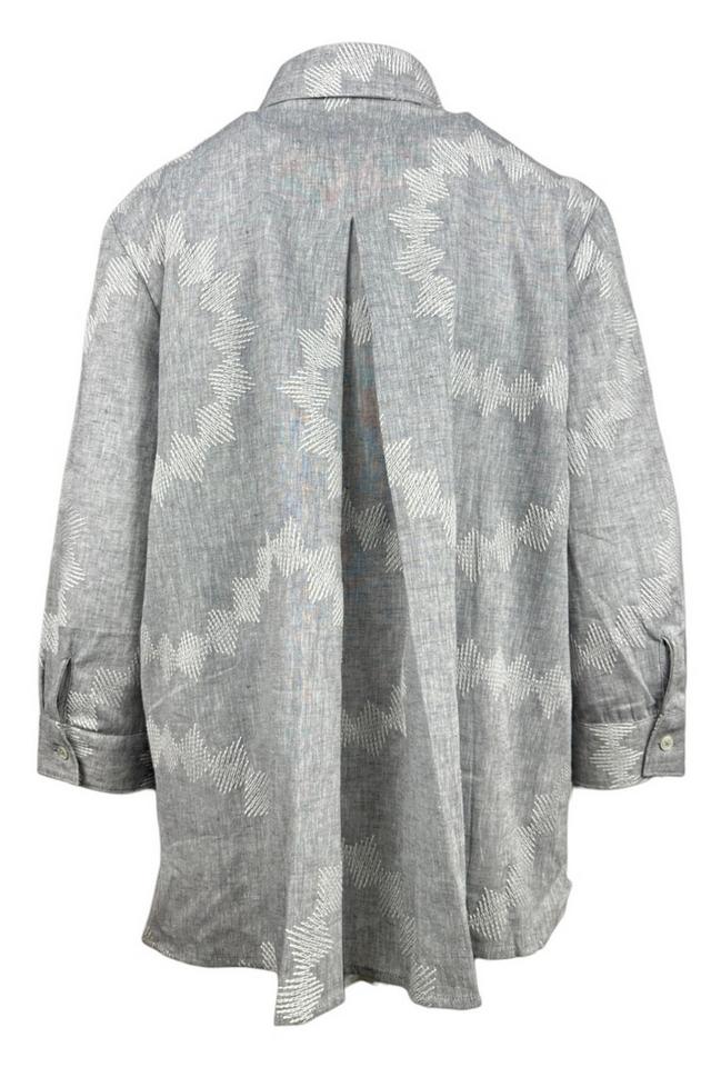 camicia donna in lino grigio con ricami grigia e bianca.