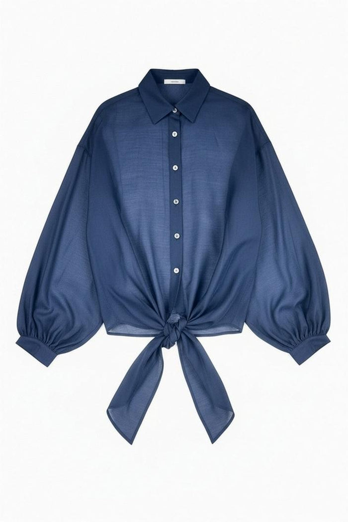camicia donna in mussola con fiocco blu