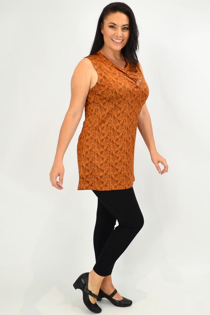 Lilia caramel rose sleeveless tunic top with flowy fabric and round neckline, styled for casual wear.