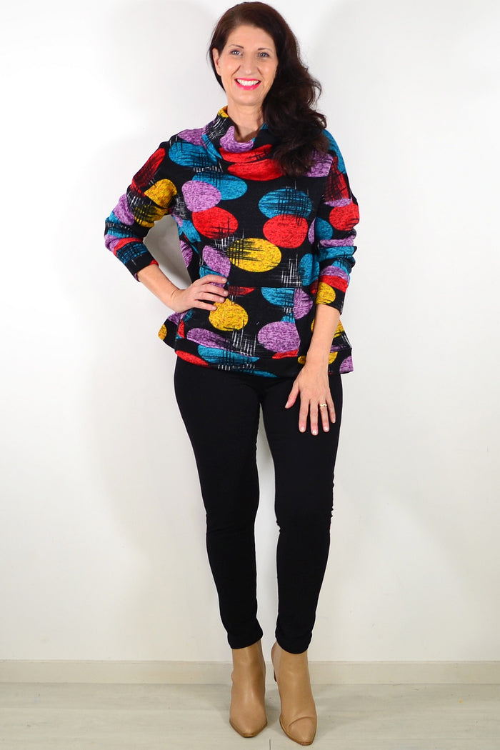 Colourful Orbs Ladies Cardigan tunic by Wishstone featuring vibrant, multicolored orb patterns on soft fabric.