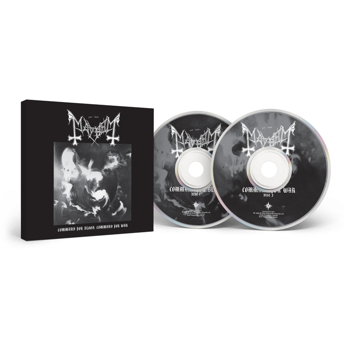 A black box set by Mayhem with two CDs beside it. The cover and discs display a monochrome, eerie image featuring Mayhem’s logo and the title Command for War, Command for War, evoking classic black metal intensity.
