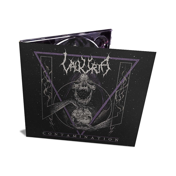 A CD case with dark, abstract art featuring a skeletal figure among purple geometric shapes. The stylized VALKYRJA logo tops the cover, with “CONTAMINATION” at the bottom—an eye-catching Swedish black metal release.