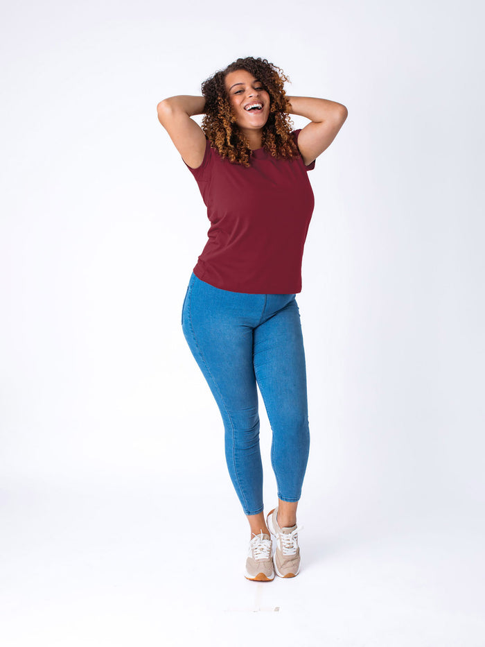 Micah is 5'9, size 10 and wears a size L # Women's T-Shirt | Cosmic Red Crew Neck | Fresh Clean Threads