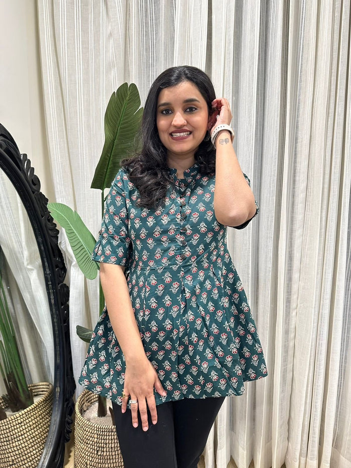 Cotton Peplum Top- Dark Green Booti