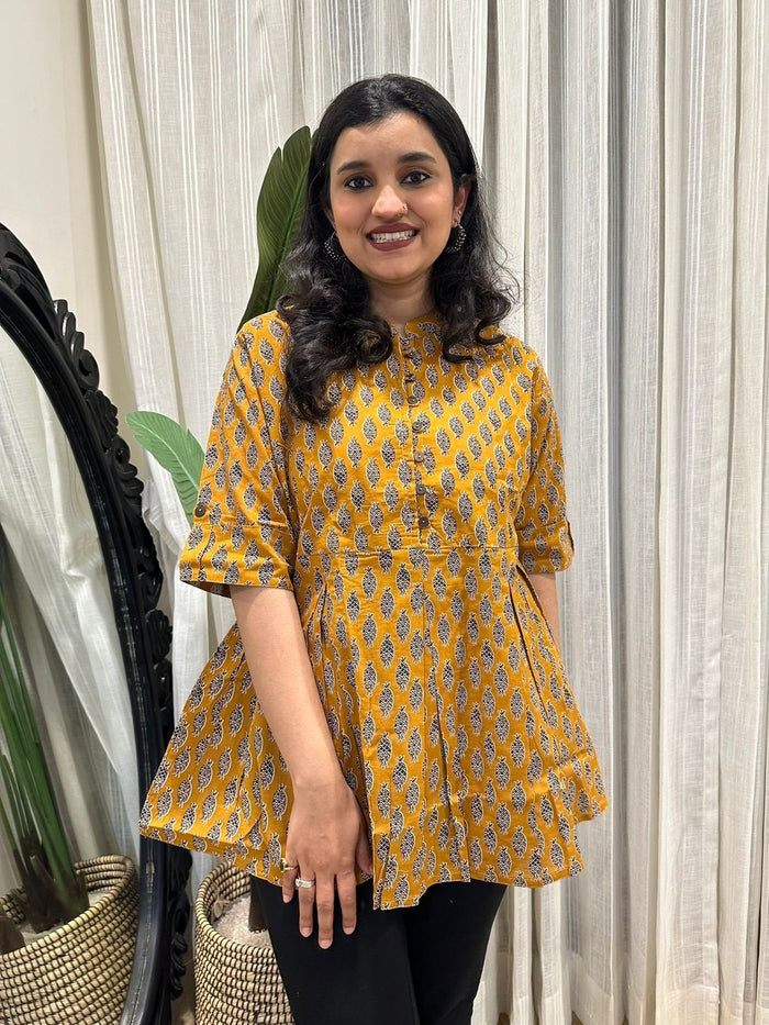 Cotton Peplum Top- Mustard Pineapples