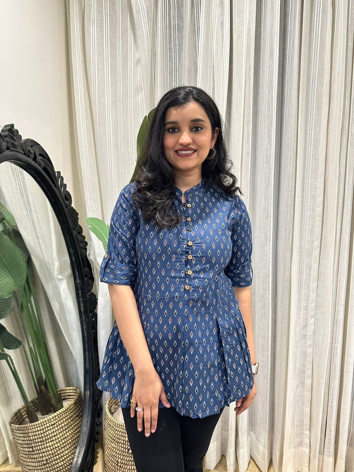 Cotton Peplum Top- Navy Booti
