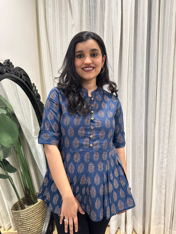 Cotton Peplum Top- Navy Leaf