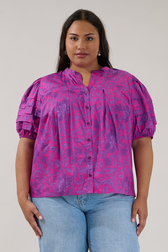 Court Button Down Top Floral Curve