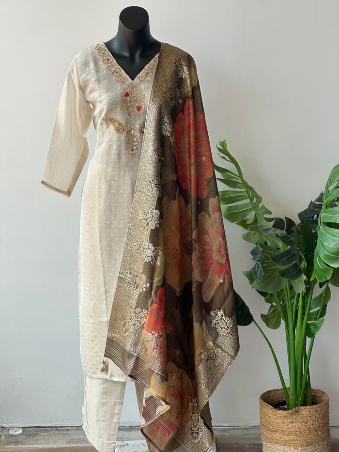 Cream banaras tissue kurti pant set