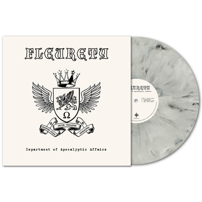 A marble-patterned vinyl record partially slides out of its cover, displaying the FLEURETY band name, a winged crowned lion crest, motto banners, and "Department of Apocalyptic Affairs" for the 25th Anniversary Vinyl.