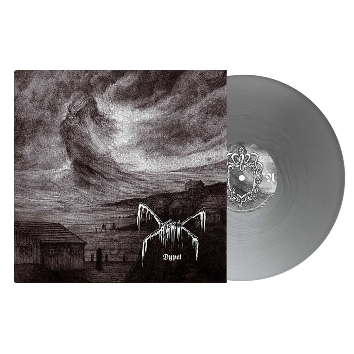 A gray vinyl record partially slides from its album cover, which shows dark monochrome rural artwork beneath swirling clouds. The cover features the Mork brand’s jagged Norwegian black metal logo and the album title Duvel.