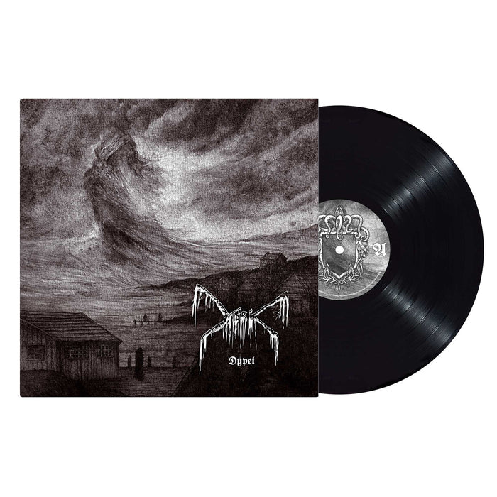 A black vinyl record slides from a sleeve featuring monochrome artwork of a cloudy sky over a rural landscape, with the Norwegian black metal band Morks logo and the word Dypt from their sixth studio album on the cover.