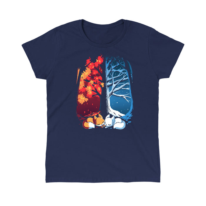 Classic Cotton T-shirt_TeeTurtle navy blue Fall & Winter Foxes apparel featuring an orange fox on the lefthand side, and a white fox on the righthand side with their cheeks touching in the middle, and a fall forest background on the left, and a winter forest background on the right.