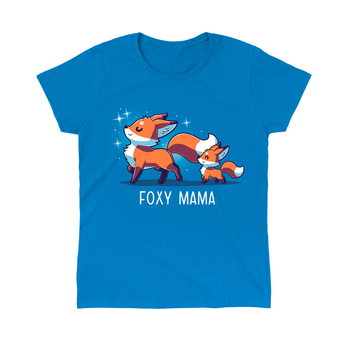 Classic Cotton T-shirt_TeeTurtle sapphire blue Foxy Mama apparel featuring a proud, smiling fox walking ahead with a smaller fox following. Caption below says, "FOXY MAMA".