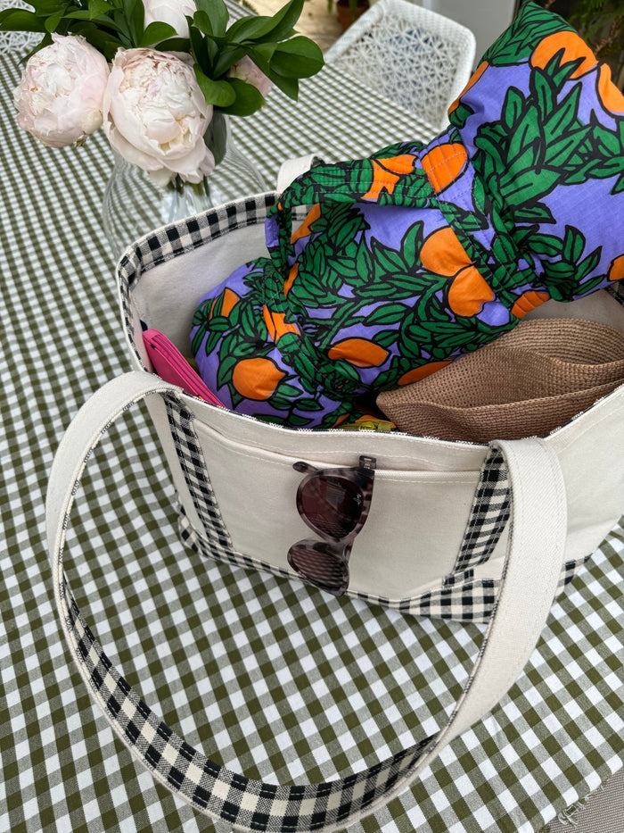 Green and white Gingham Cotton Tablecloth with a cream bag and flowers on top - ANNIE.G