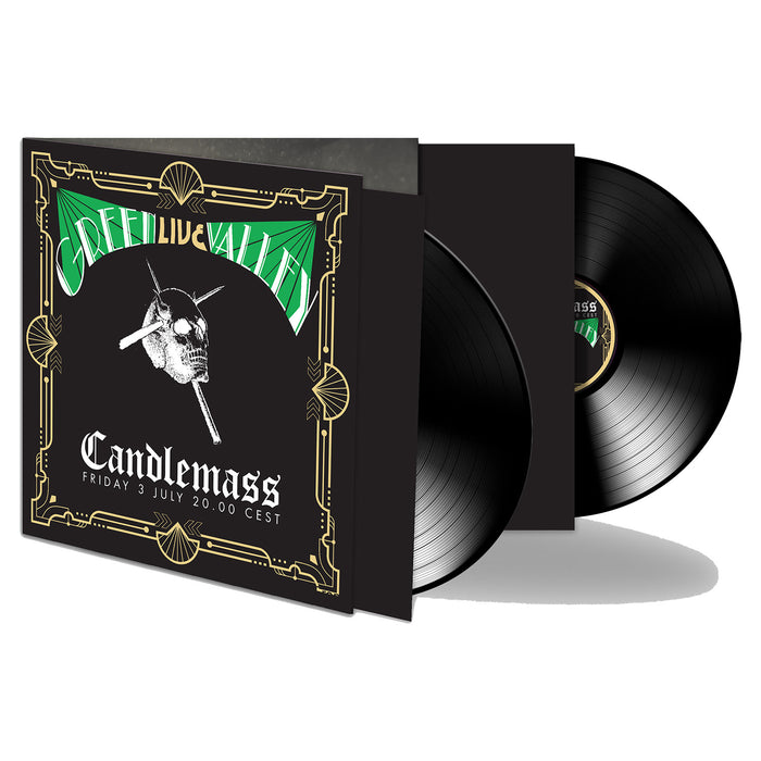 Candlemass presents a double vinyl set, "Green Valley Live"—featuring a sword-pierced skull cover and event details: Friday 3 July, 20:00 CEST. A collectible for Swedish doom metal fans with both records partially visible from the sleeve.