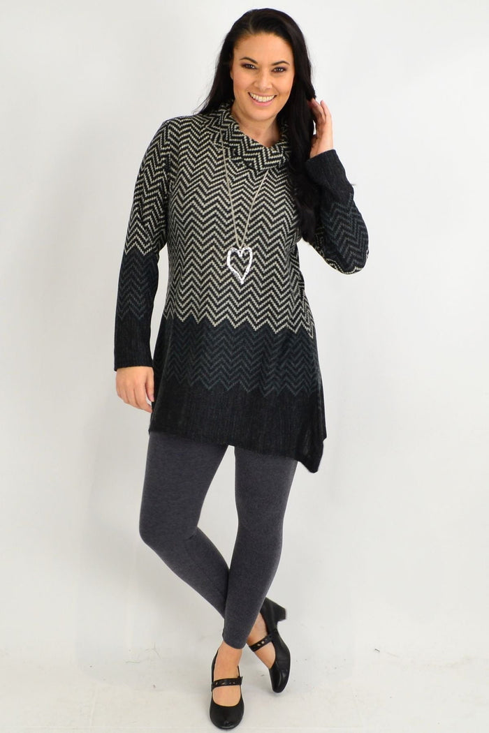 Grey zig zag roll neck winter tunic by Whispers, featuring a cozy knit design and comfortable fit, perfect for cold weather.