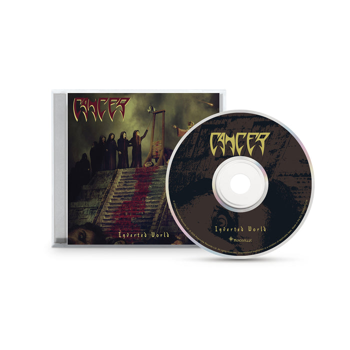 A CD case and disc for Cancer's death metal album "Death Shall Rise," featuring dark art with hooded figures on stairs, red stains, and a skull on a pole; band and album names appear in gothic font. Brand: Cancer.