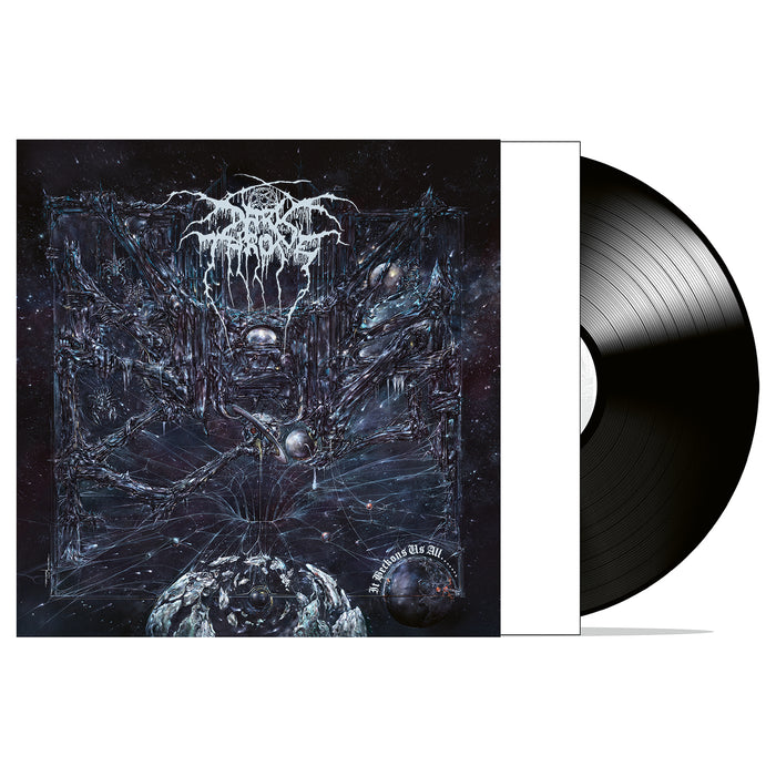 A vinyl record partially pulled from its cover, which features dark, abstract cosmic artwork with Darkthrone’s metallic band logo at the top and the album title "We Are the Apocalypse" at the bottom.