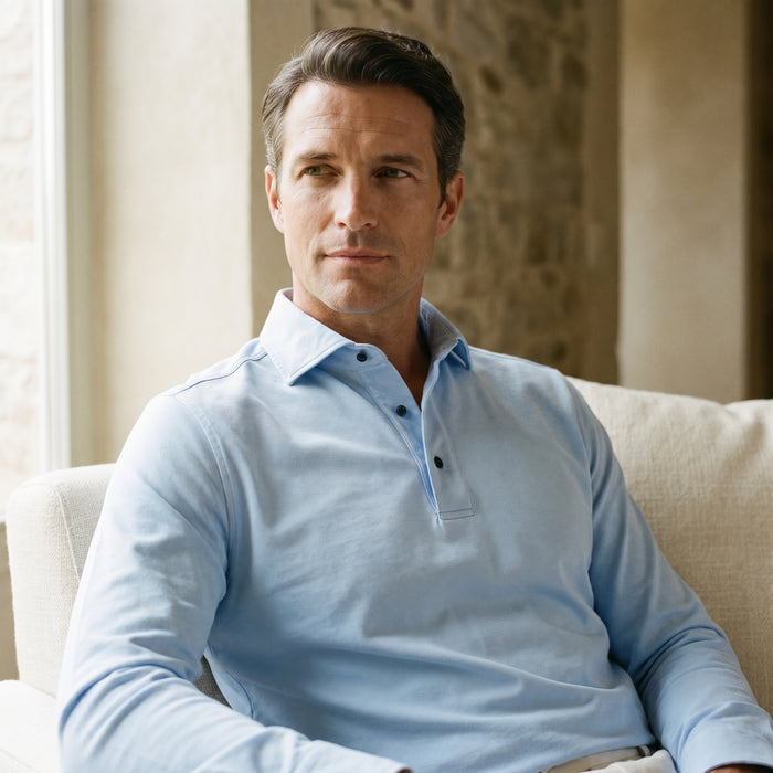 Jacquard Luxe Knit Polo, worn — Emanuel Berg