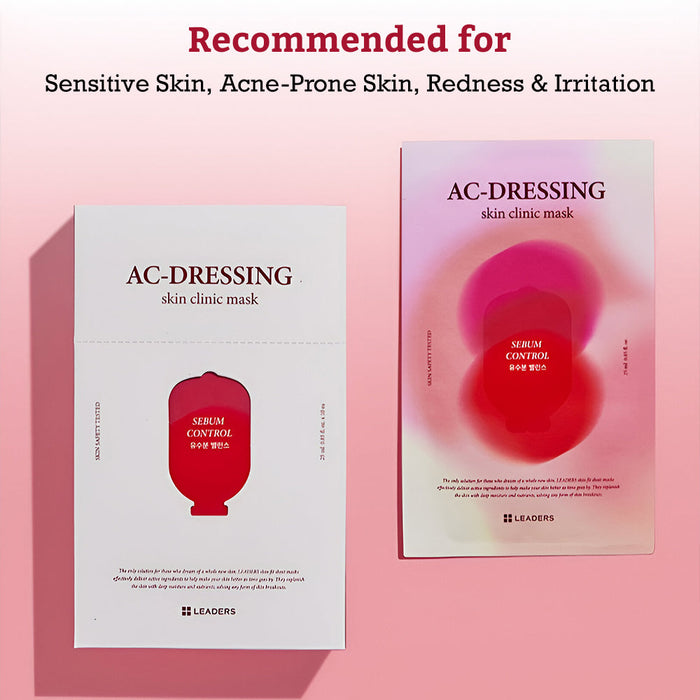 Leaders Skin Clinic Mask AC-Dressing | Leaders packaging shown against a soft pink background, highlighting skincare for sensitive and acne-prone skin with sebum control benefits.