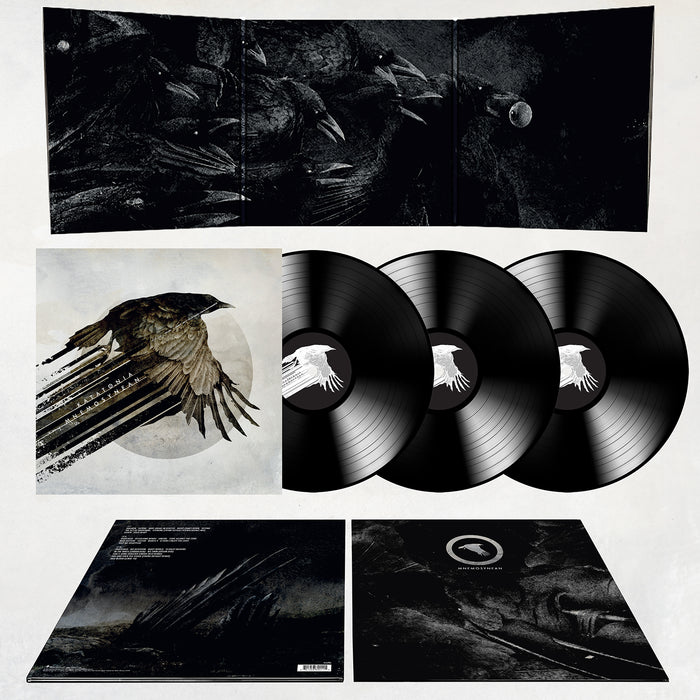 Katatonia deluxe dark prog vinyl box set: three black records with illustrated sleeves of birds and moons, plus a gatefold cover featuring celestial designs—an ideal rarities or B-sides display on a white background.