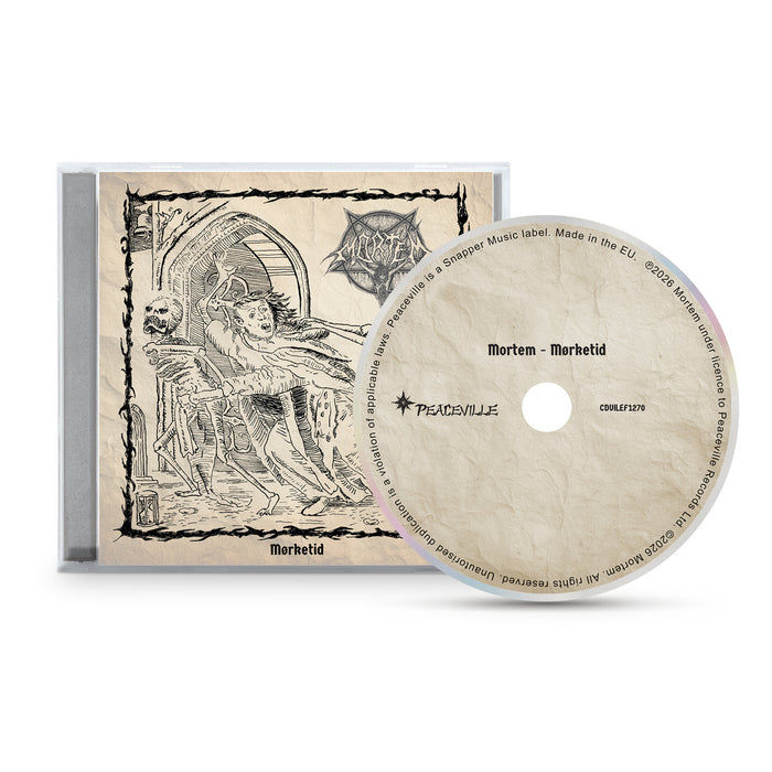 Mortem Morketid CD case and disc. The cover shows skeletons dragging a robed figure, reflecting Norwegian black metal roots. CD features album title and record label details. Brand: Mortem.