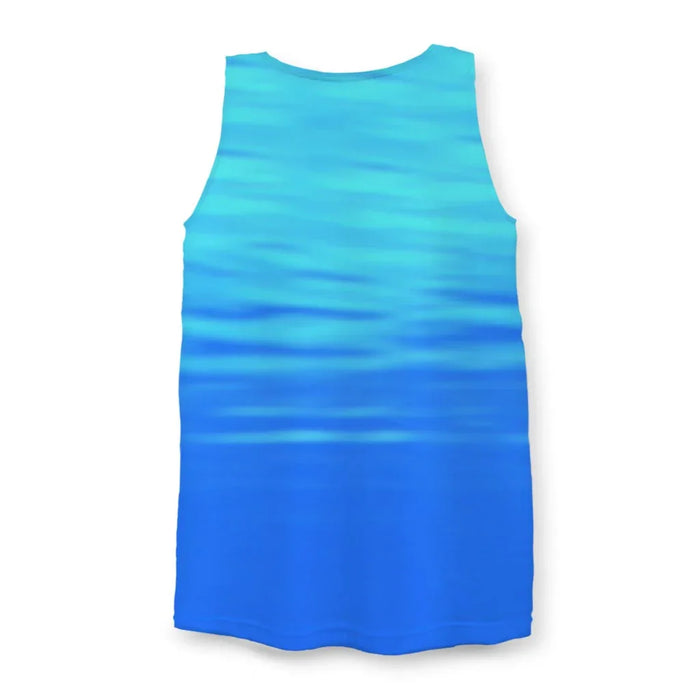 Motivation Dolphin Men's Tank - The jarring juxtaposition of the hyper-realistic electric cyan (#00FFFF) and deep cornflower blue (#6495ED) dolphin against the intentionally amateurish, cropped "elief in urself" text.