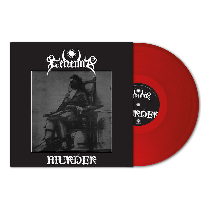 A red Gehenna Murder vinyl slides from a black cover with white gothic text and a black-and-white image of someone in an electric chair—a bold tribute to Norwegian black metal’s 25th anniversary, released by Gehenna.