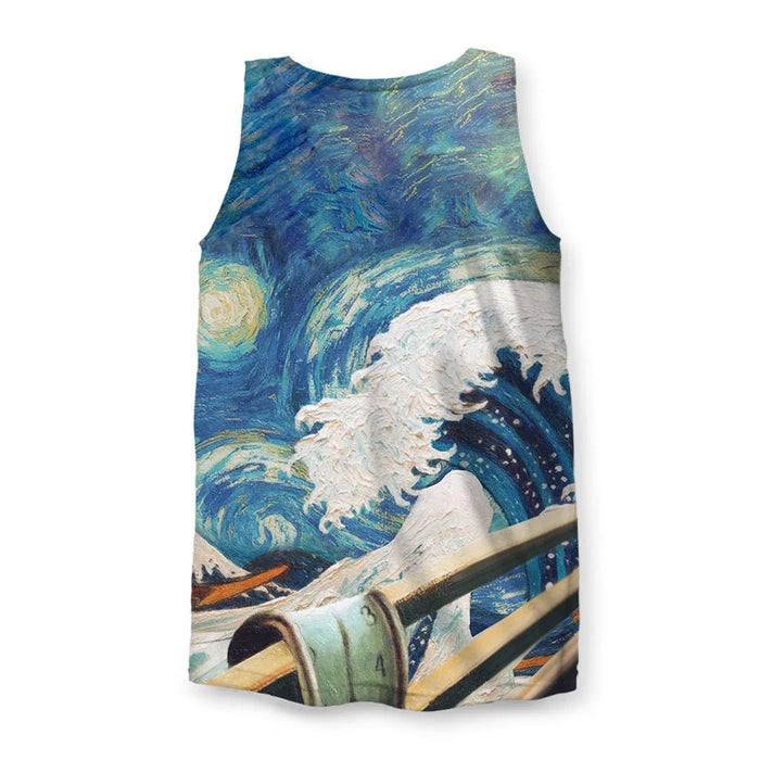 My Favorite Paintings Men's Tank - The immediate recognition of Munch's skeletal figure in sickly sage green (#C8D6B9) reacting with horror not to a sunset, but to the crushing weight of Hokusai's porcelain white (#F0F4F8) Great Wave.