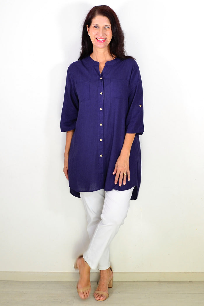 Navy block hi-low relaxed tunic shirt by Ruby Rain, featuring a flowy design and casual fit, displayed on a hanger.