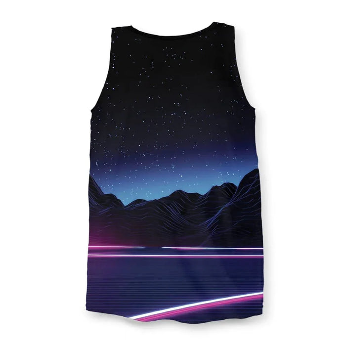 Neon Highway Men's Tank - The electric magenta (#FF00CC) and laser cyan (#00FFFF) velocity lines converging toward a wireframe mountain horizon, mimicking the infinite scrolling background of vintage racing simulators.