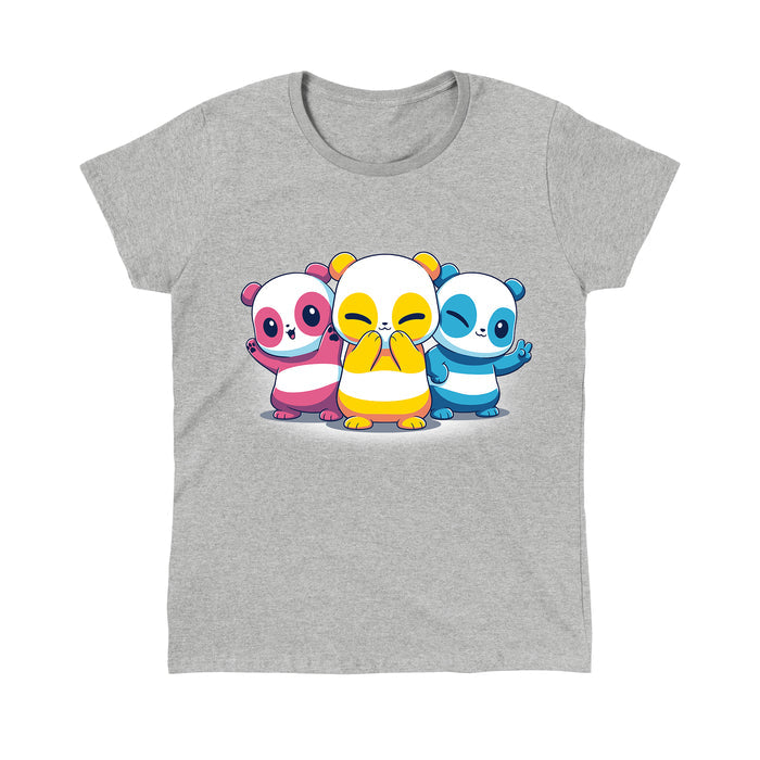 Classic Cotton T-shirt_TeeTurtle Pan Pride Pandas Heather Gray t-shirt featuring three cartoon pandas in pan pride flag colors.