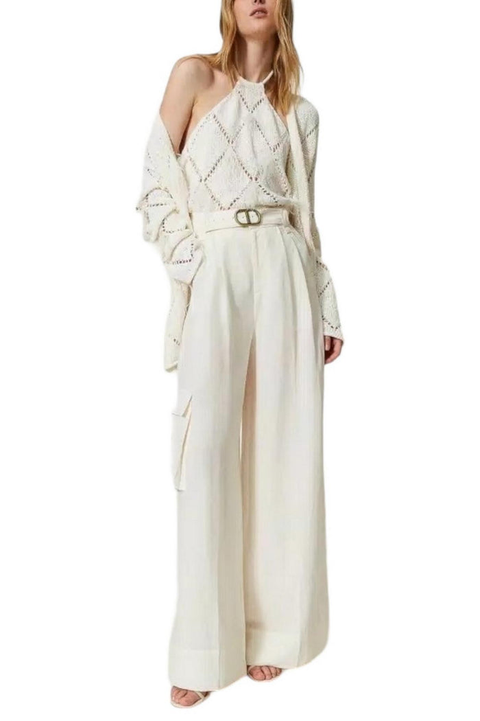 Pantaloni donna wide leg in tela di misto lino avorio
