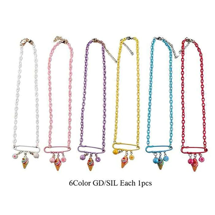 Pastel Ice Cream Safety Pin Charm Necklace Set – 6-Piece Colorful Acrylic Link Chain Choker Pack for Girls, Teens, and Women, Fun Kidcore Aesthetic Jewelry Party Favors (IKNE-025)