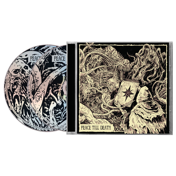 Peaceville CD case with cover art of dark skeletal figures and a star-studded shield. Includes two CDs with abstract black-and-white designs. Cover text: PEACE TILL DEATH—classic Peaceville death metal style.