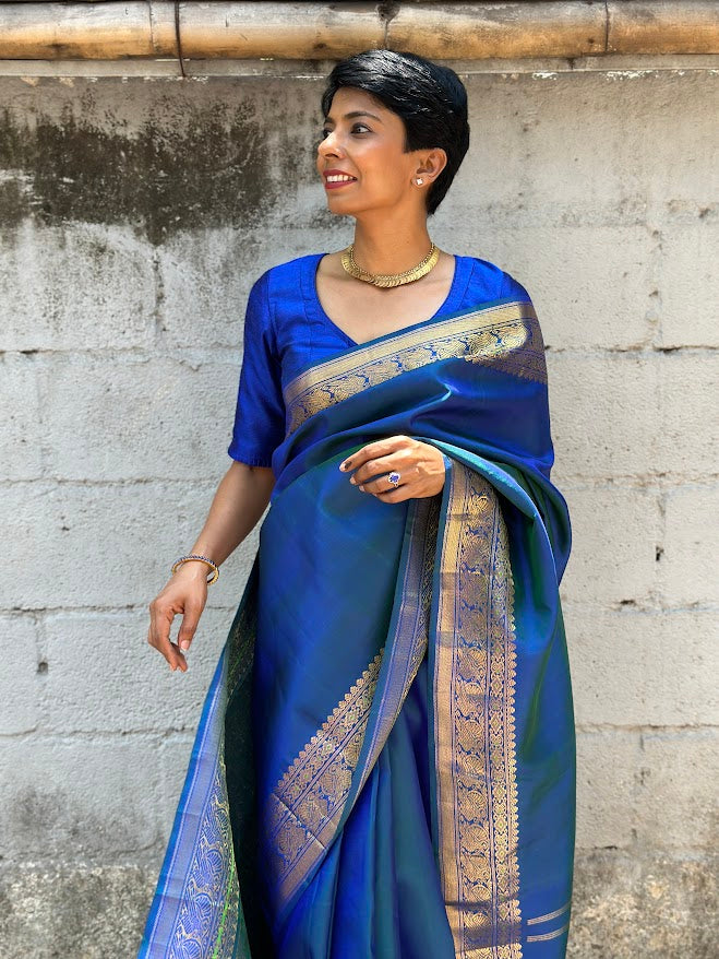 Peacock blue raw silk blouse