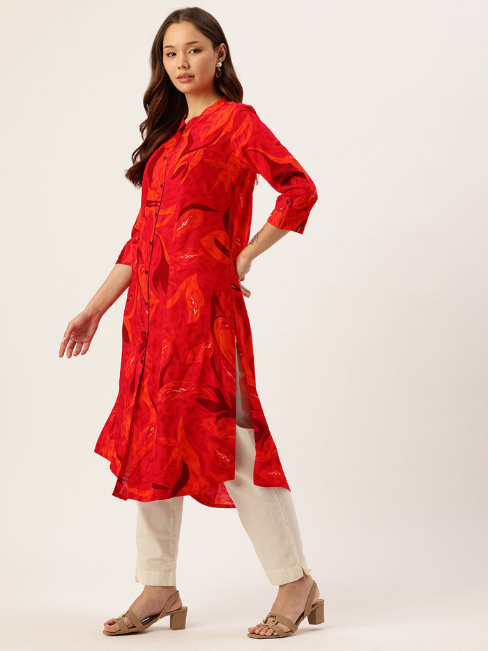 Pink Abstract Printed A-Line Kurta, Orange Kurta, Kurtis, band caller kurta, leaf printed